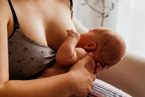 Positioning baby at the breast, holding close and supporting behind the shoulders